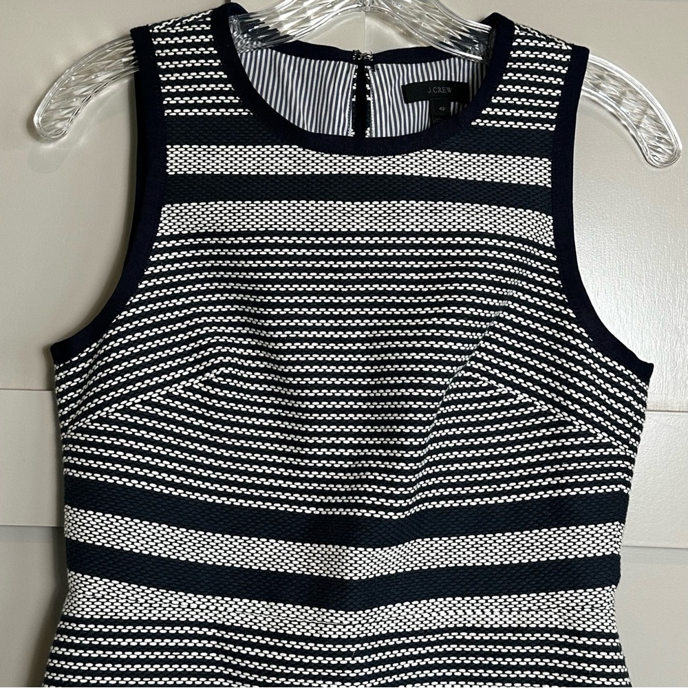 J Crew Sheath Dress Woven Striped Navy White Tweed Indigo Blue Bow Lined Sz 4P - Picture 2 of 11